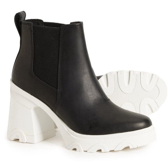 NEW SOREL Leather Brex Heel Chelsea Booties in Black white for women 825 7S3 - Picture 3 of 8